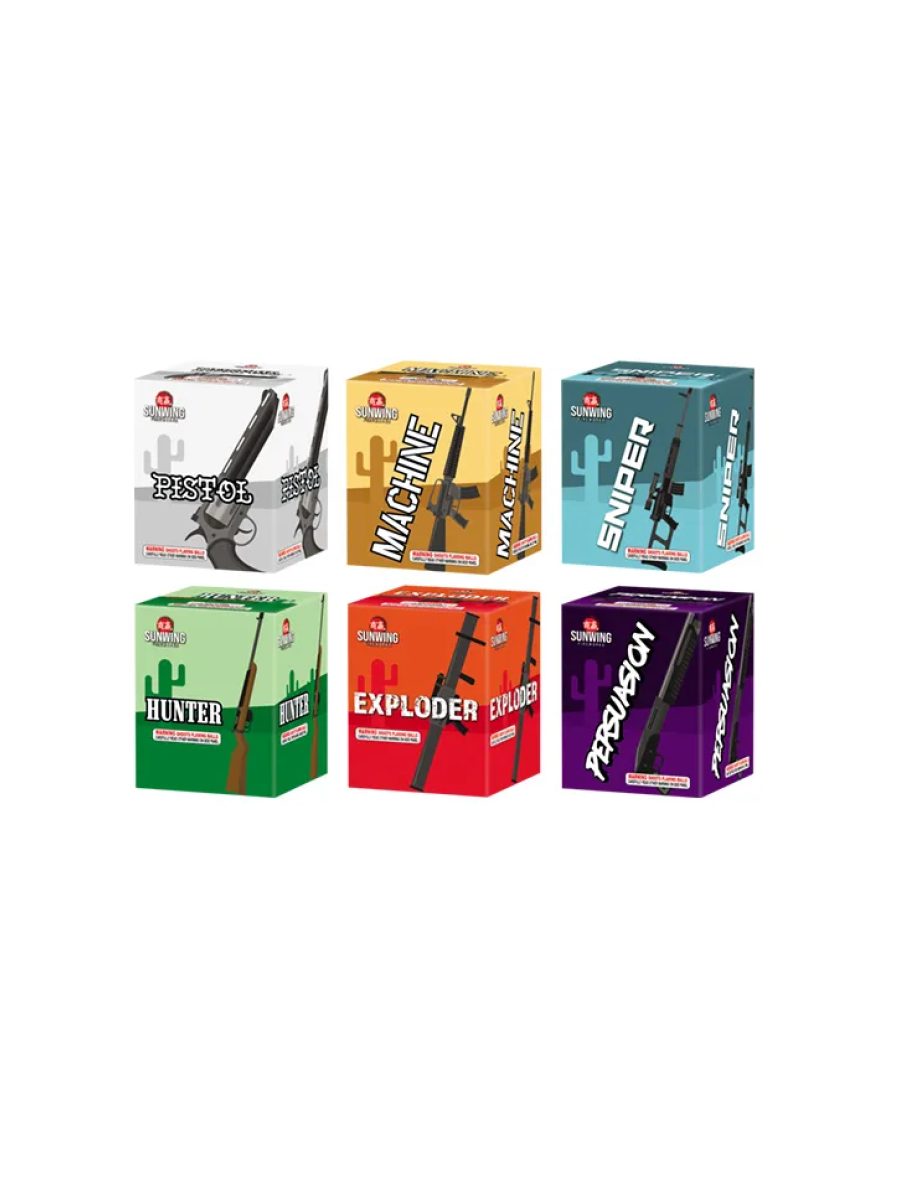 Pyro Gun series of six 200 gram firework cakes by Sunwing Fireworks: Pistol, Machine, Sniper, Hunter, Exploder and Persuasion